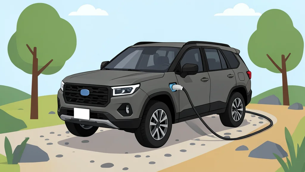 A rugged electric SUV parked on a gravel trail with a charging cable connected to its side port