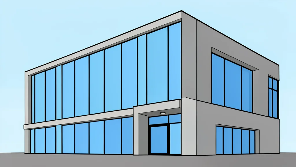 A modern office building exterior featuring large glass windows and a solid concrete facade structure.