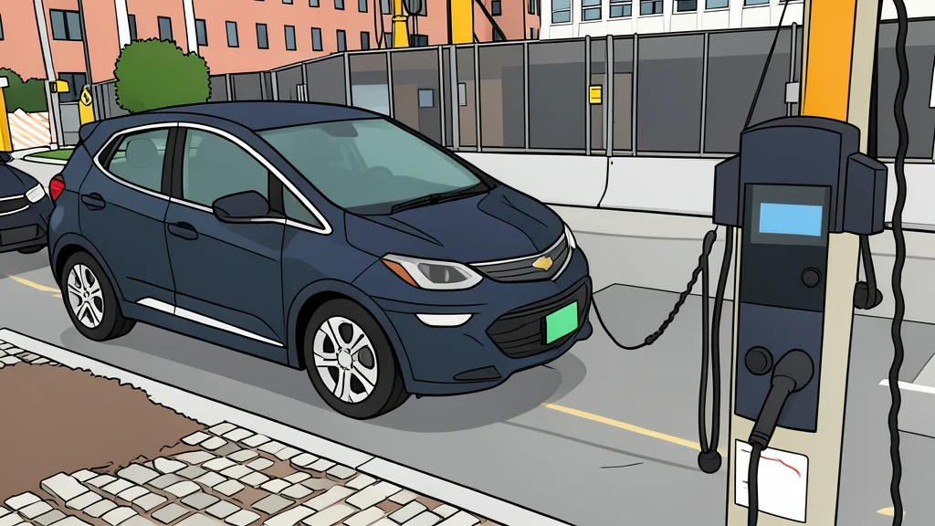 A modern electric vehicle charging station with a sleek metallic housing and a coiled cable on a concrete pad.