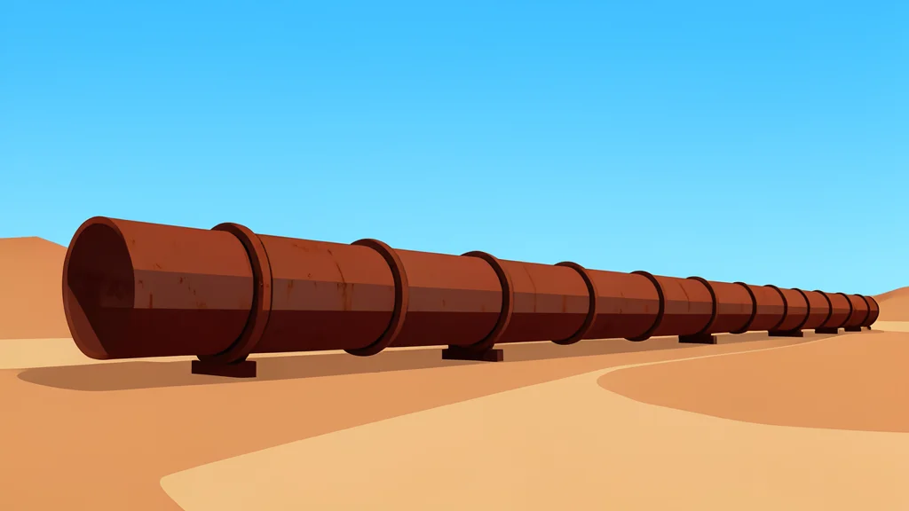 A long, rusted metal pipeline stretching across a dry, sandy desert landscape under a clear sky