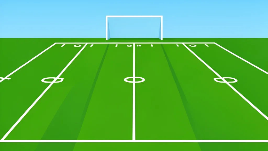 A green football field with white yard lines and goalposts in the distance