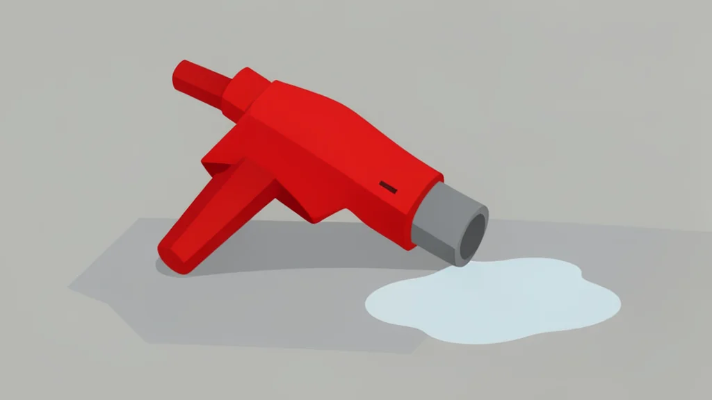 A fuel pump nozzle resting on a concrete surface next to a puddle of spilled liquid