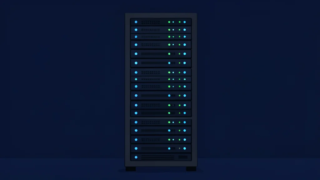 A server rack with blinking status lights in a dark room