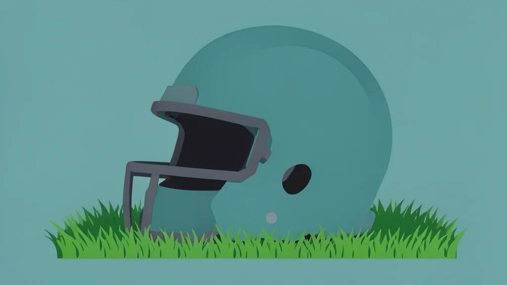 A worn leather football resting on green artificial turf