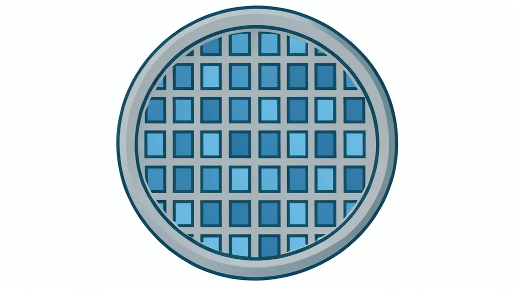A close-up view of a silicon wafer with a grid of square chips