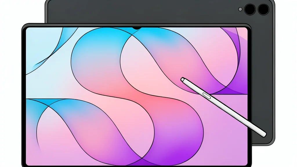 A sleek rectangular tablet lying flat on a white surface next to modern eyeglasses.