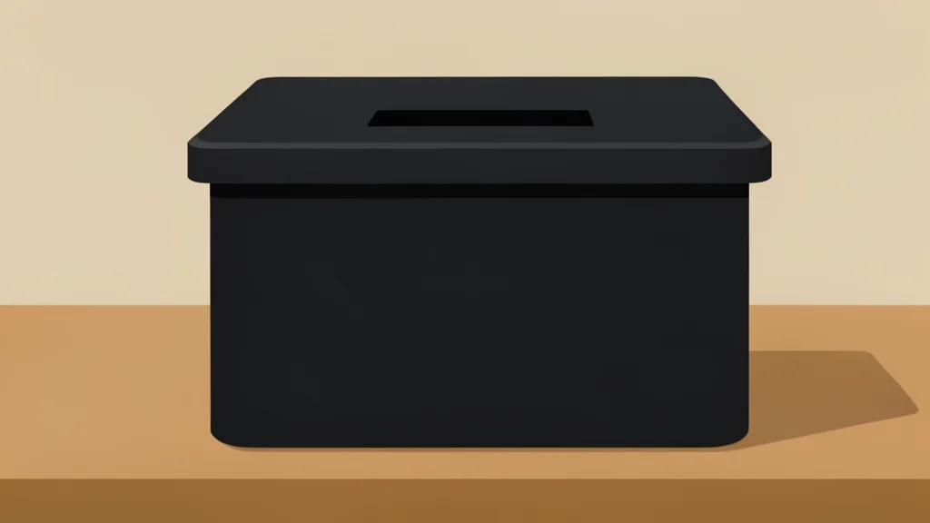A flat vector illustration of a simple wooden table holding a closed ballot box and a neat stack of white voting papers, set against a neutral background.