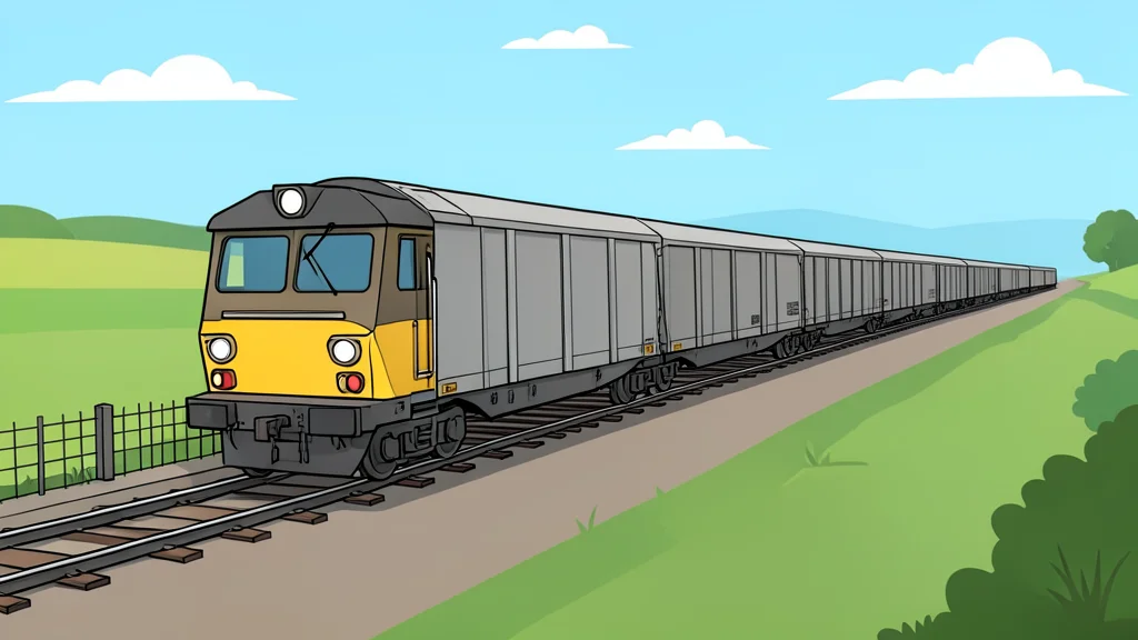 A long freight train traveling along a railway track through a rural landscape near a border fence
