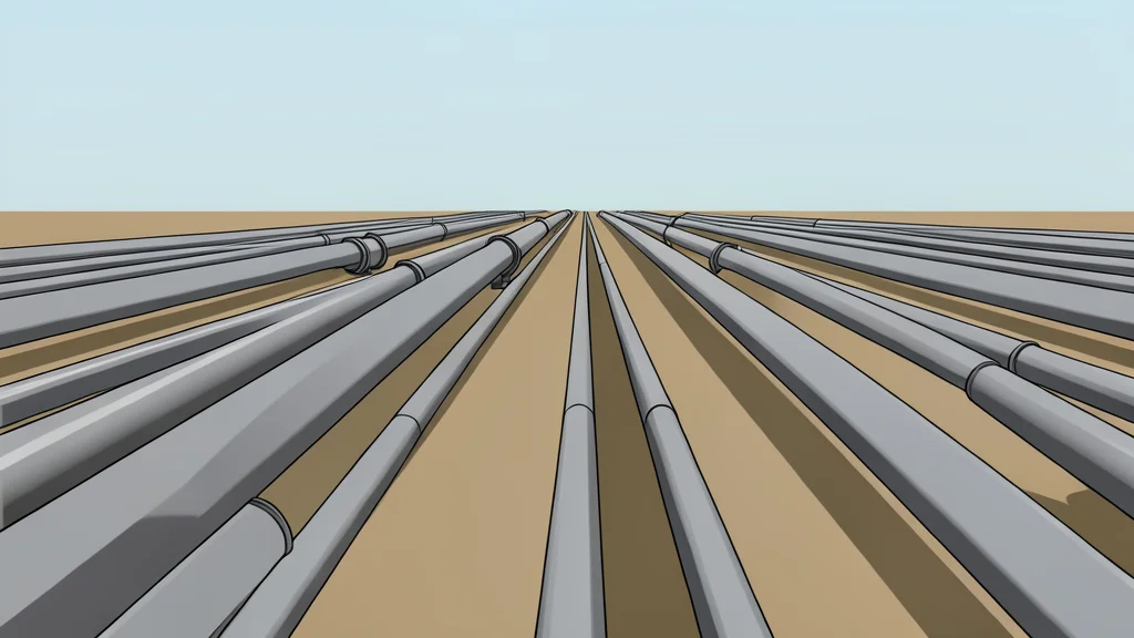 A network of large-diameter steel pipes stretching across a flat, open landscape
