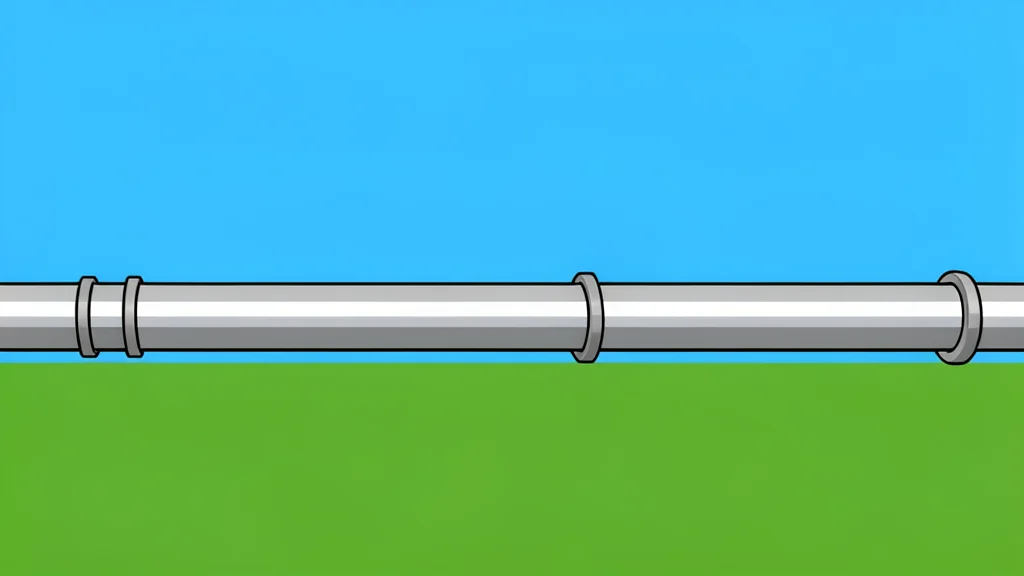 A long, silver metal pipeline stretching across a flat, grassy landscape under a clear sky