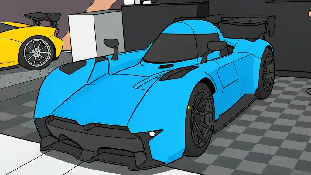 A sleek, low-profile electric sports car parked on a smooth asphalt track surface