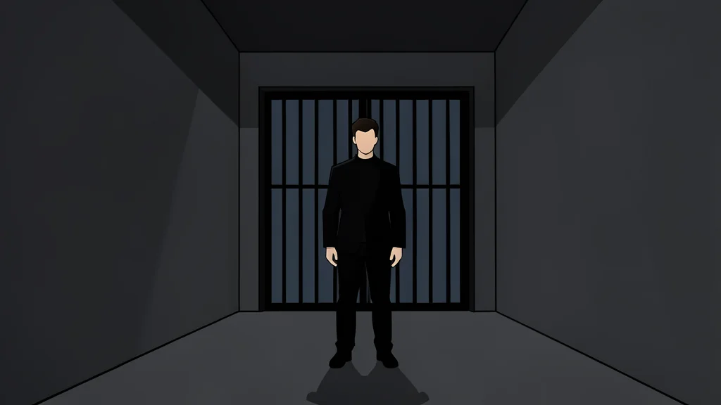 A solitary figure standing in a dimly lit corridor with a barred gate in the background