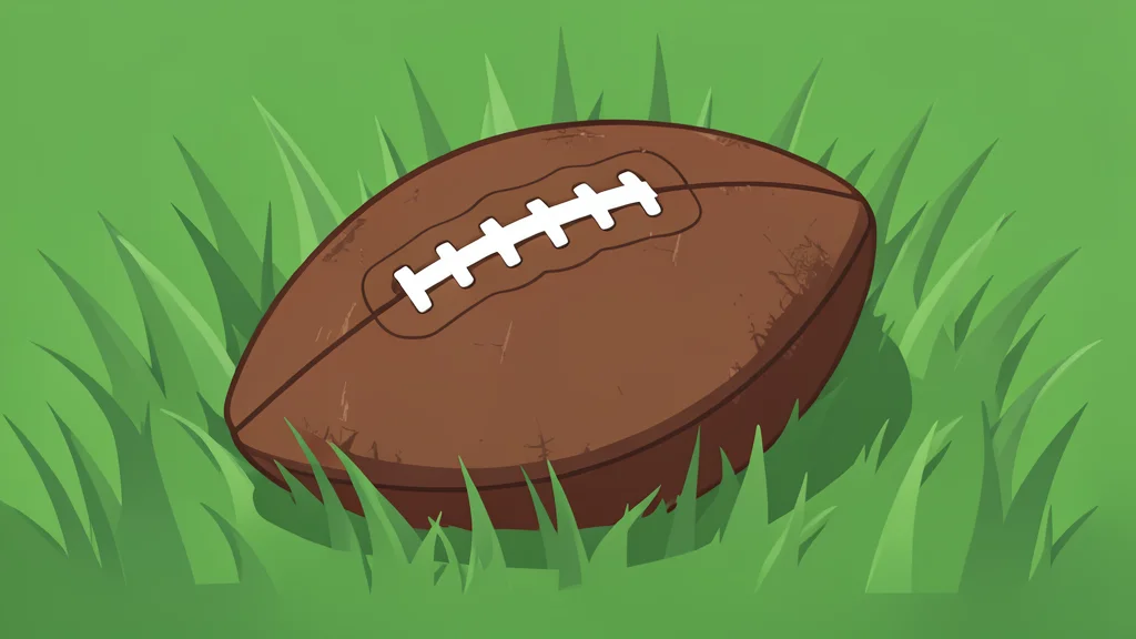 A green football resting on white yard lines of a grass field