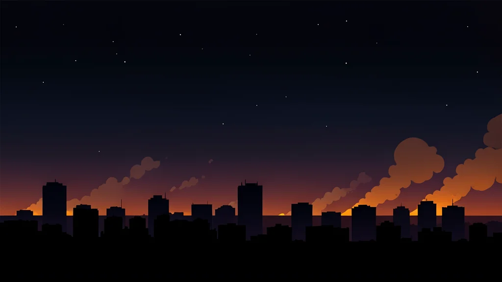 A dark night sky over a city skyline with distant orange glows and smoke rising from the horizon