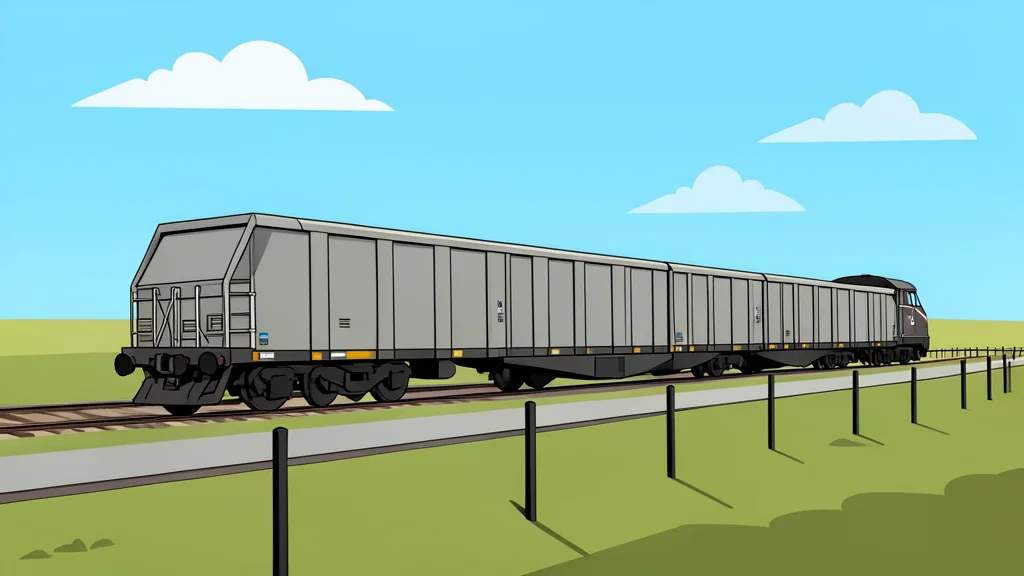A long freight train traveling through a flat, open landscape near a border fence