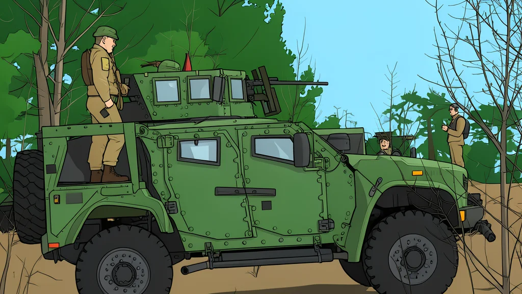 A line of military vehicles and soldiers moving through a forested landscape near a border fence