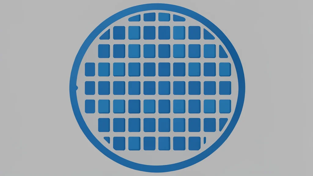 A close-up view of a silicon wafer with a grid of square chips
