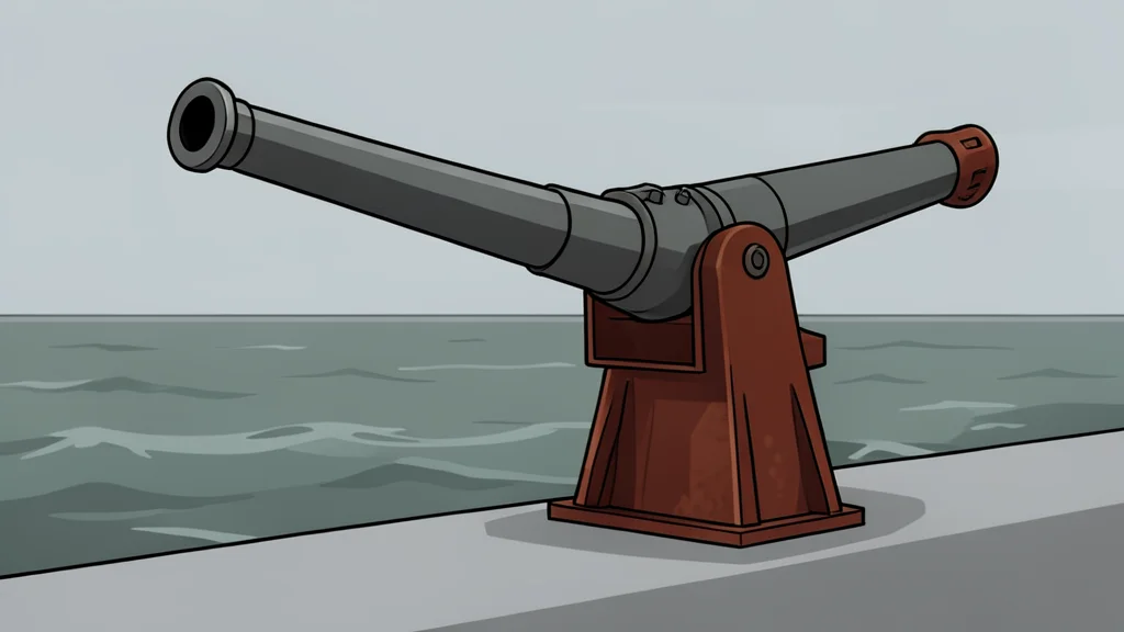 A coastal artillery battery positioned on a rocky cliff overlooking a calm sea horizon
