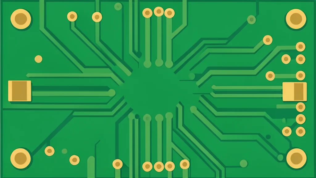 A close-up view of a green printed circuit board with intricate copper traces and gold contact pads.