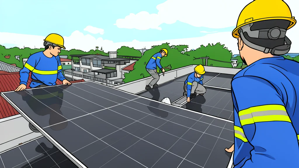 A vast field of dark blue photovoltaic panels stretching toward the horizon under a bright sky