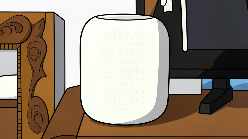 A white cylindrical smart speaker with a mesh fabric texture sitting on a wooden shelf