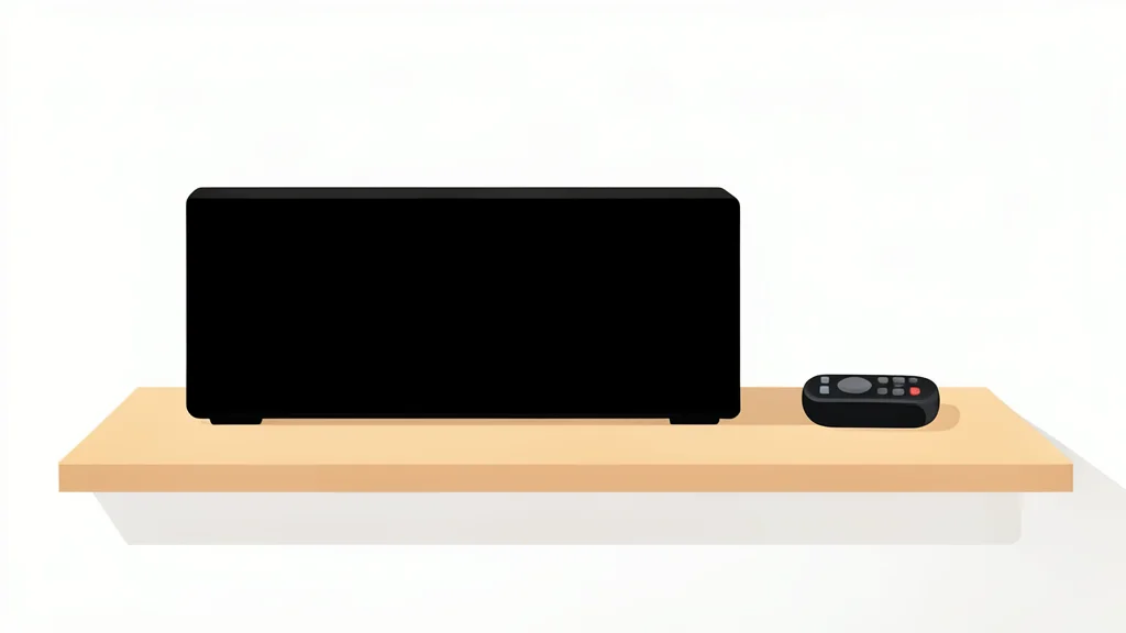 A sleek black rectangular media streaming box sits on a wooden shelf next to a remote control.