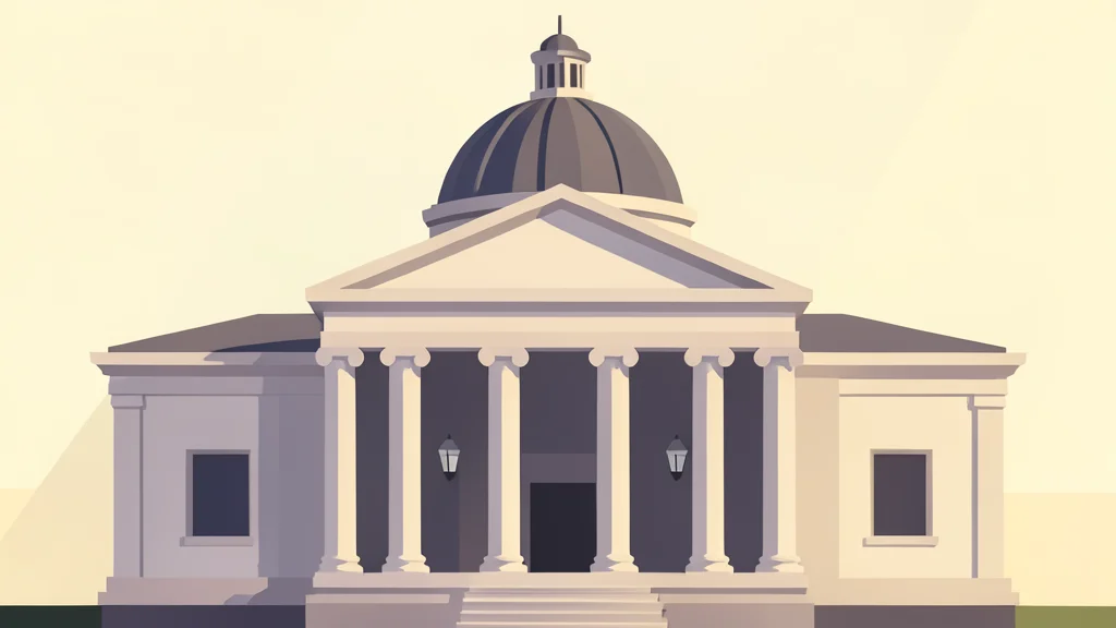 A large, ornate neoclassical building with tall columns and a dome, bathed in soft morning light