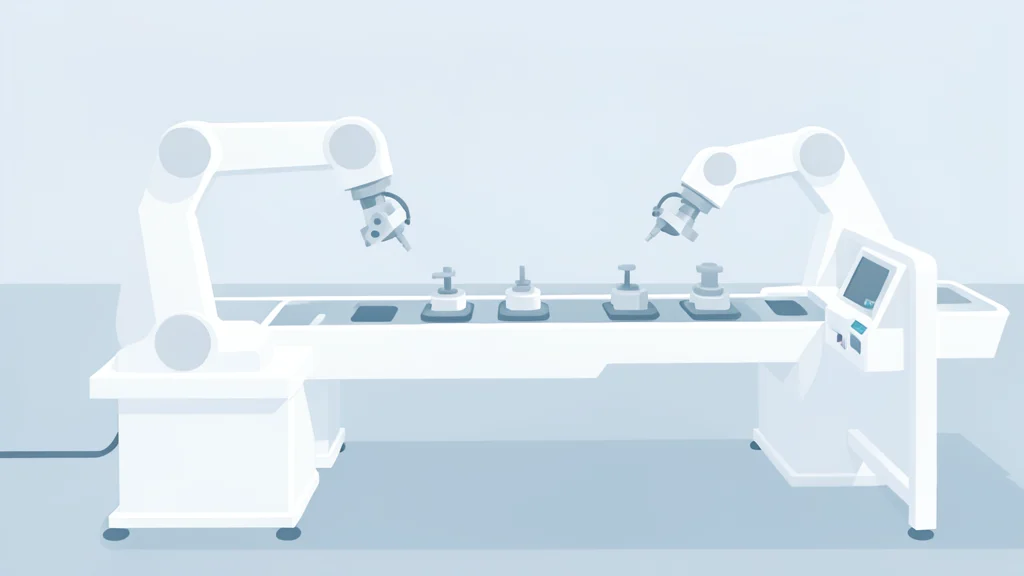 A sterile, white medical device manufacturing facility with robotic arms assembling components on a conveyor belt
