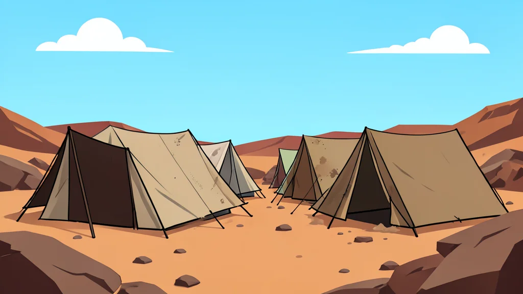 A dusty, makeshift camp with simple tents and tarps set up on arid, rocky terrain under a bright sky.