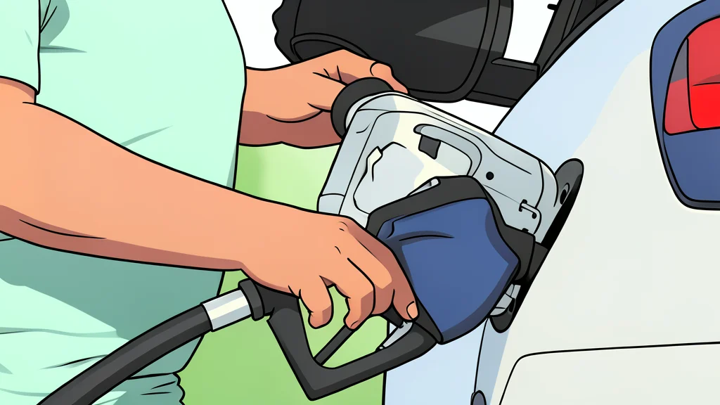 A fuel pump nozzle resting on a concrete surface next to a row of parked cars
