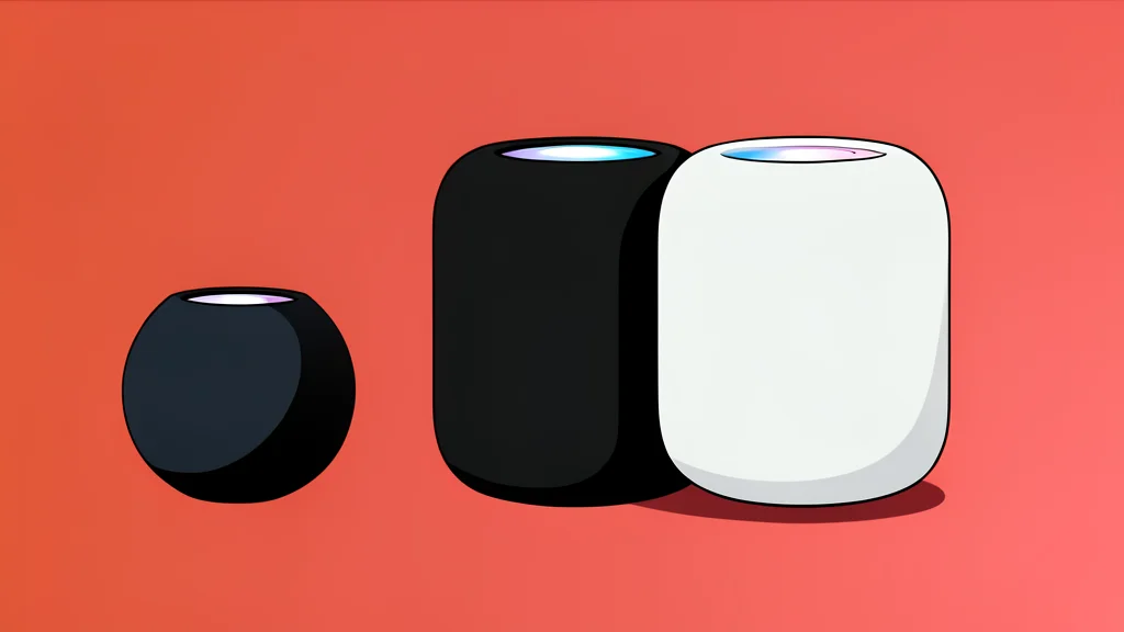 A cylindrical smart speaker with a fabric mesh exterior sitting on a wooden surface