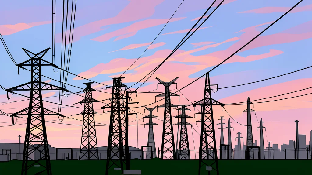 A high-voltage electricity transmission tower standing in a grassy field