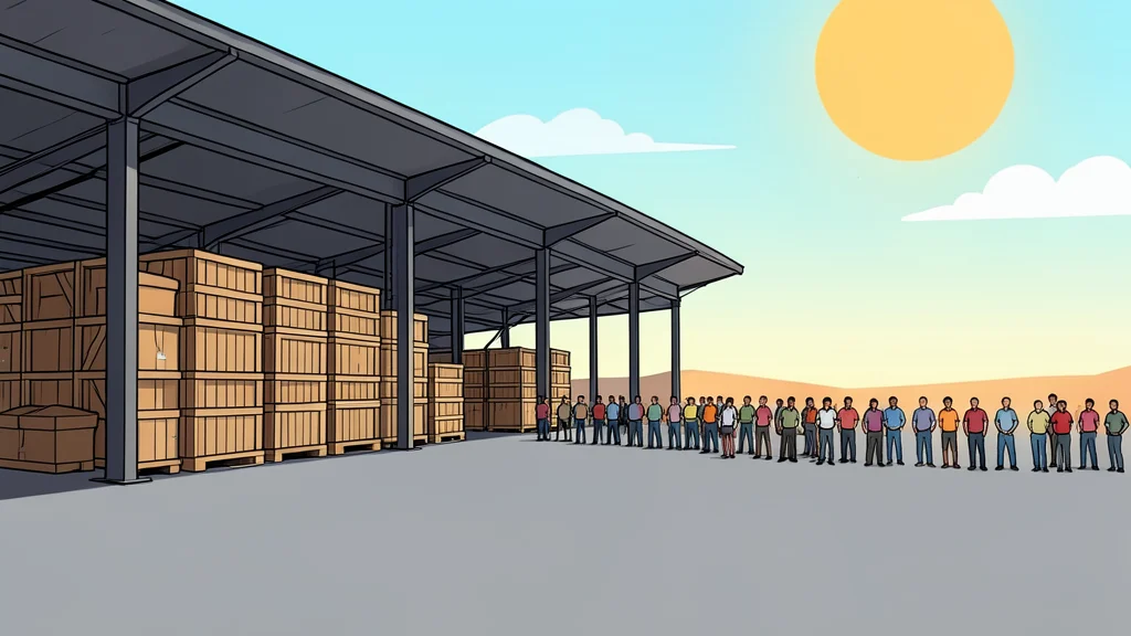 A large open-air warehouse with stacked crates of supplies and a long line of people waiting in the distance under a harsh sun