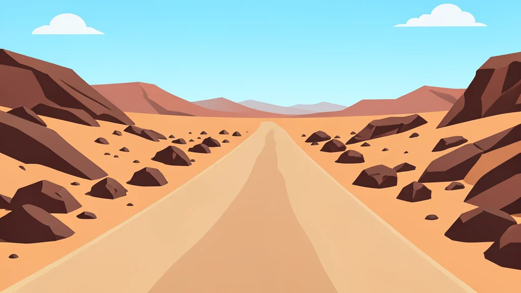 A dusty, unpaved road stretching through an arid, rocky landscape under a bright sky