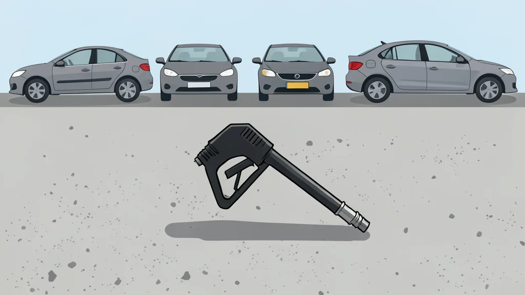 A fuel pump nozzle resting on a concrete surface next to a row of parked cars