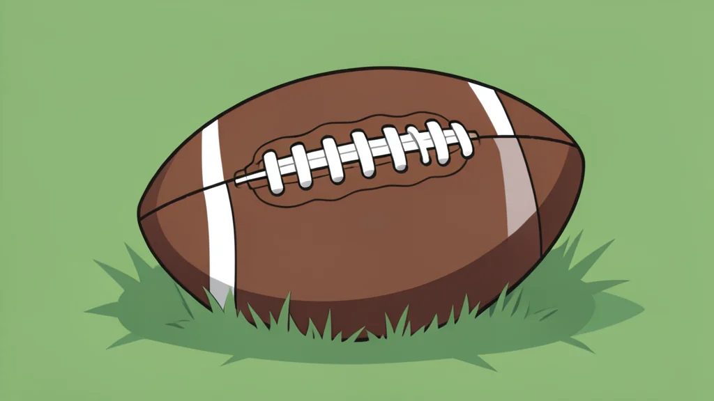 A worn American football resting on green grass