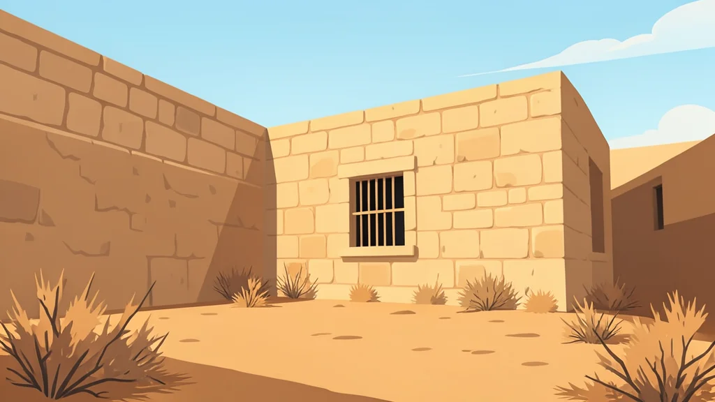 A dusty, sun-bleached courtyard of a stone building with high walls and a single barred window, surrounded by dry scrubland.