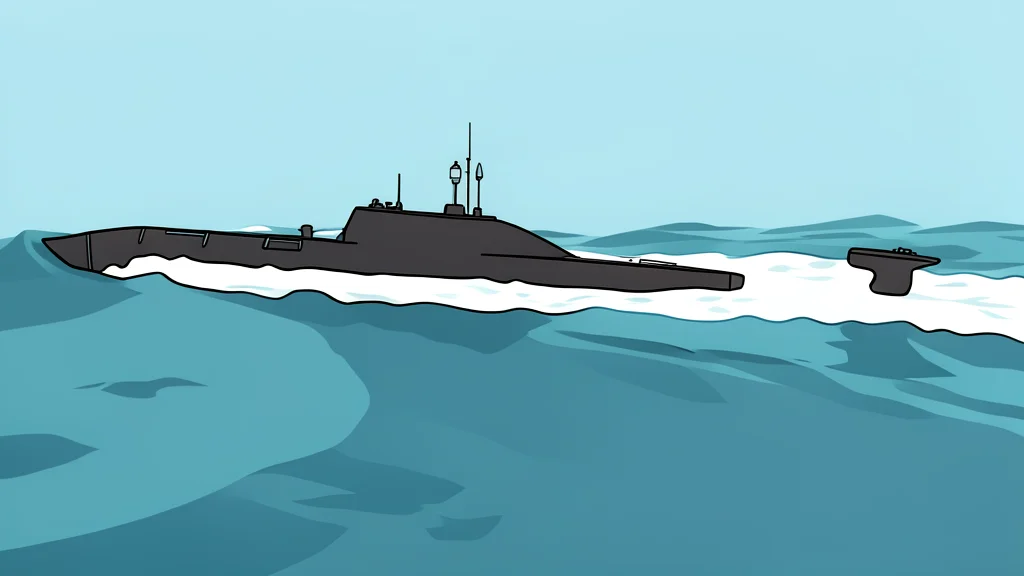A deep-sea submarine hull moving through dark blue water near a thick, coiled cable resting on the sandy seabed