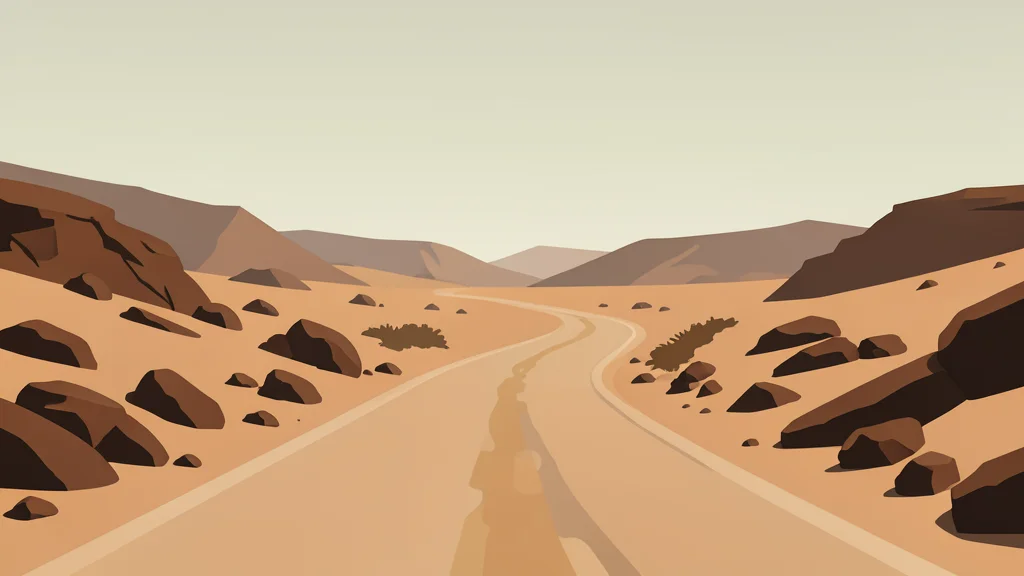 A dusty, unpaved road winding through a dry, rocky landscape under a hazy sky