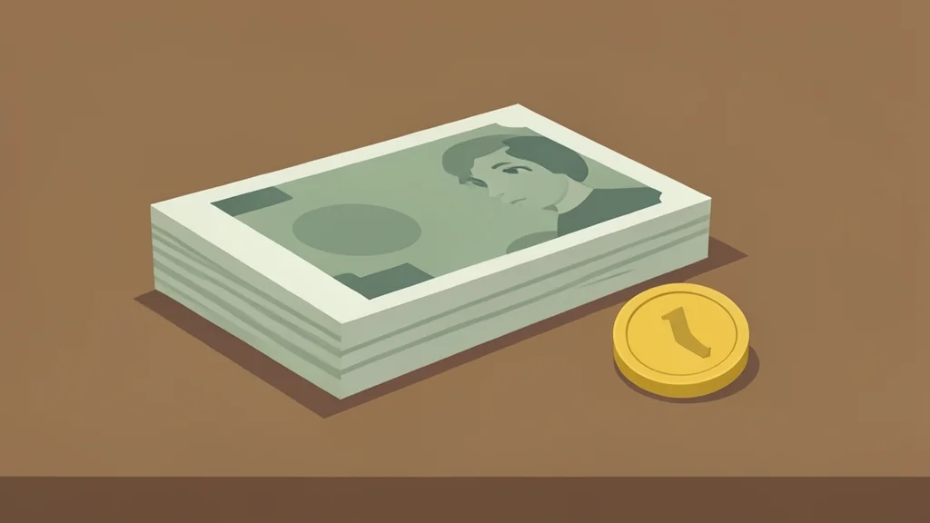 A stack of paper currency bills and a single gold coin resting on a wooden desk