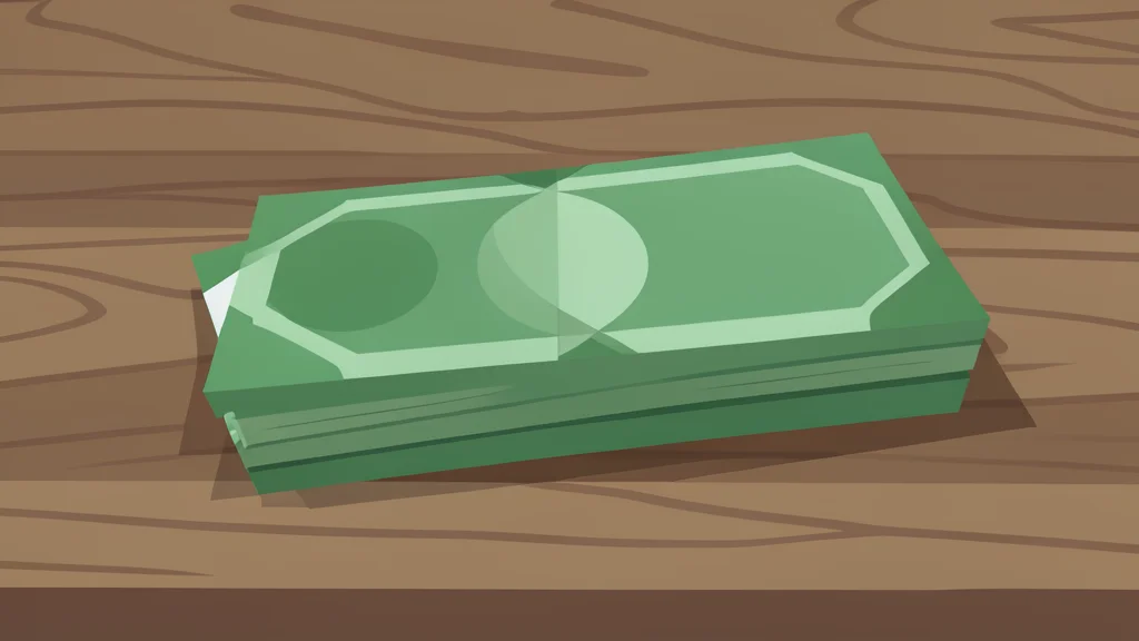A stack of paper currency bills resting on a wooden desk surface