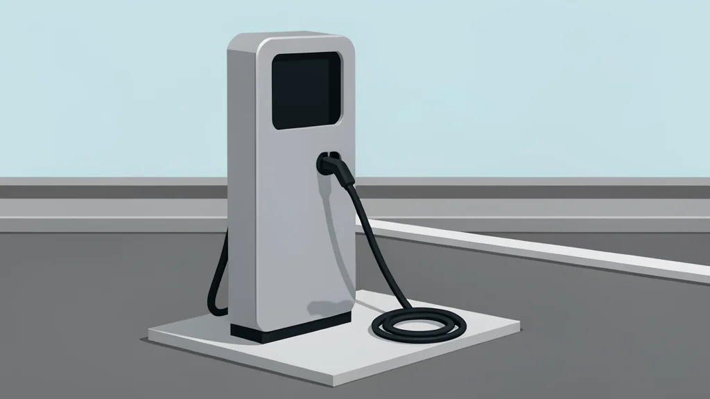 A modern electric vehicle charging station with a sleek, metallic housing and a coiled cable resting on a concrete pad beside a highway.