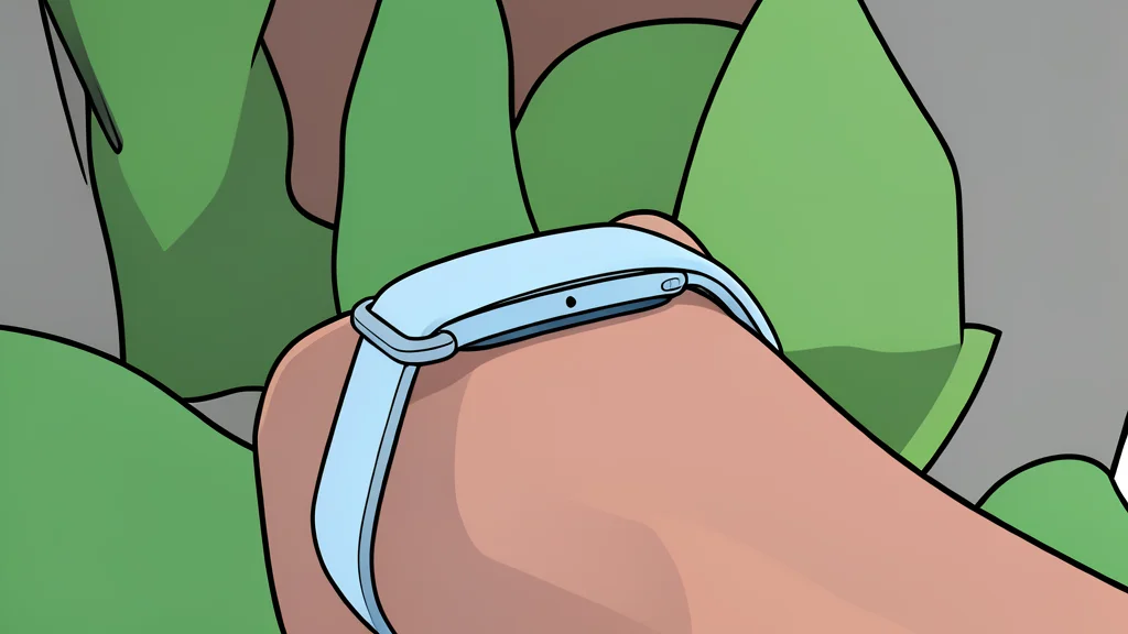 A sleek, screenless fitness band resting on a wooden surface next to a pair of running shoes