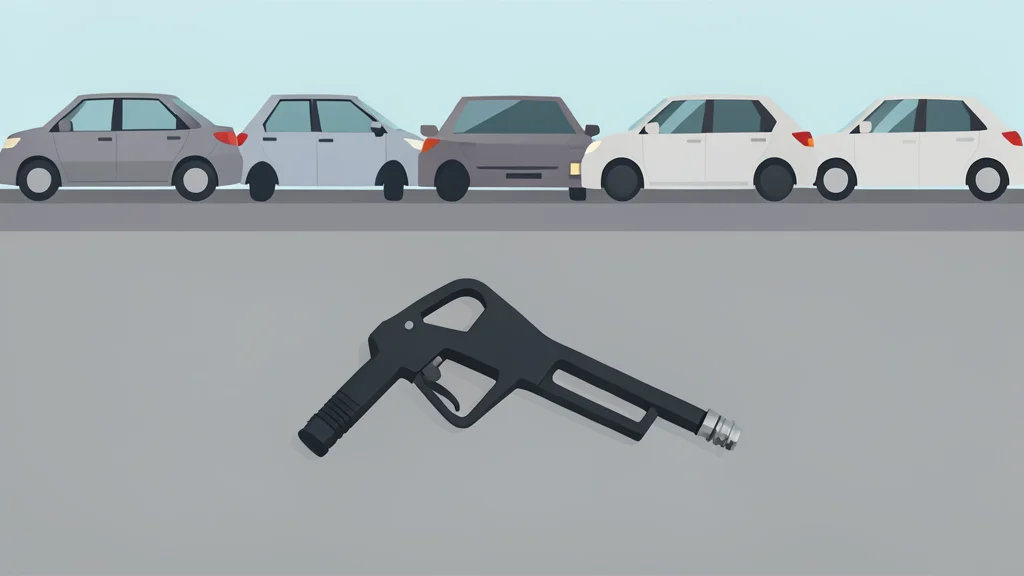 A fuel pump nozzle resting on a concrete surface next to a row of parked cars