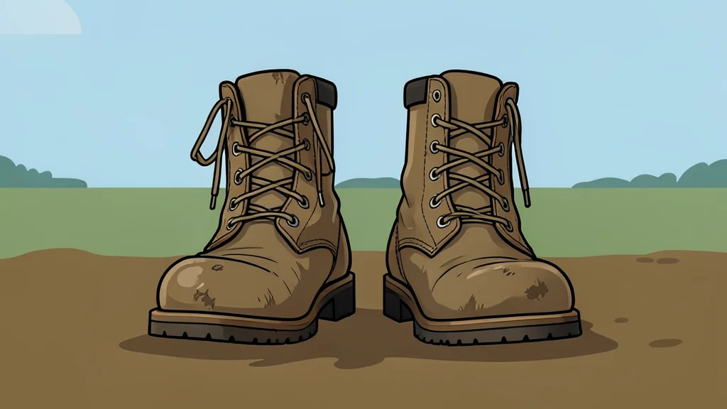 A pair of worn combat boots standing on a muddy field