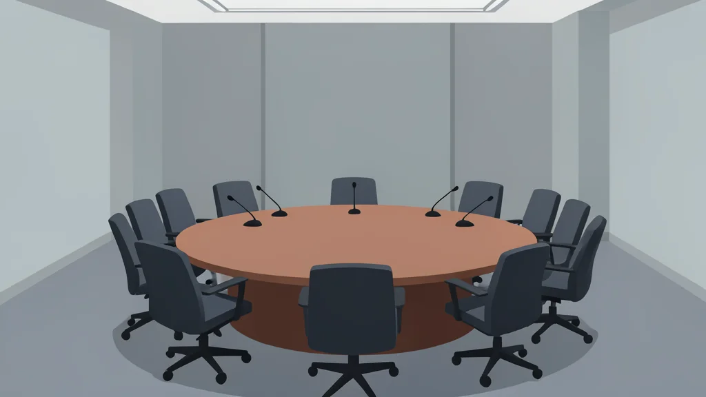 A round conference table with empty chairs and microphones in a large, formal room