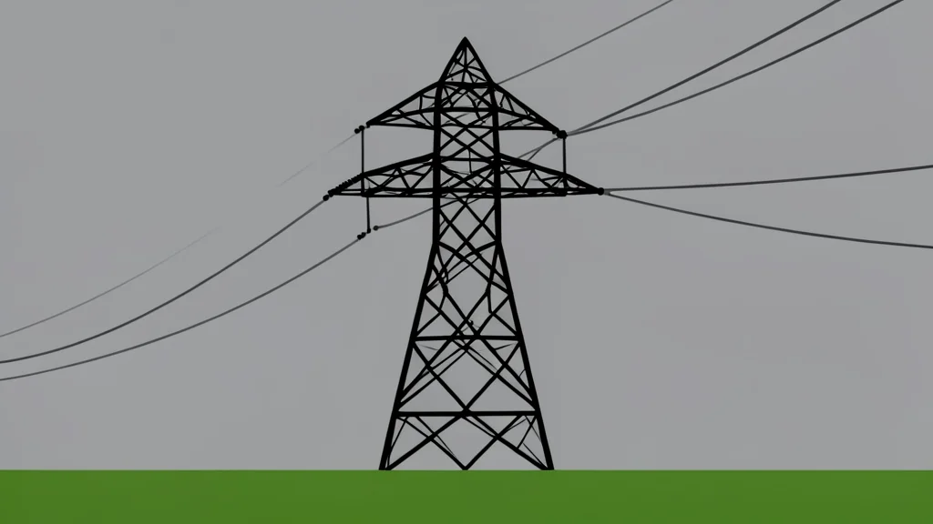 A high-voltage electricity pylon standing in a field under a grey sky
