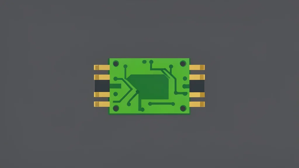 A small, rectangular circuit board with gold contact pins resting on a dark surface
