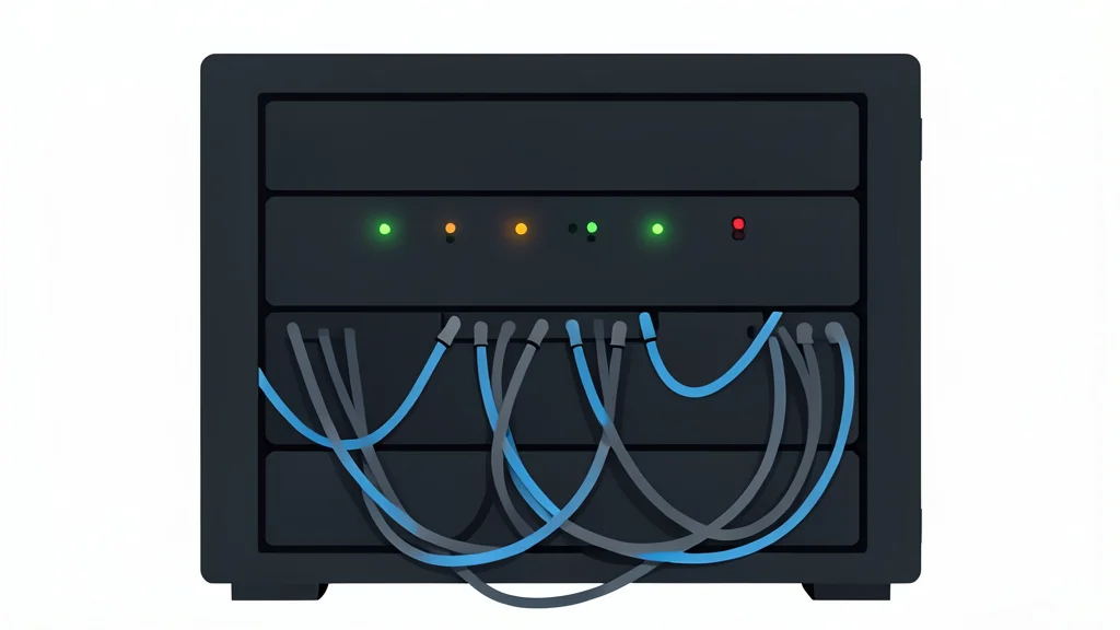 A dark server rack with blinking status lights and tangled cables