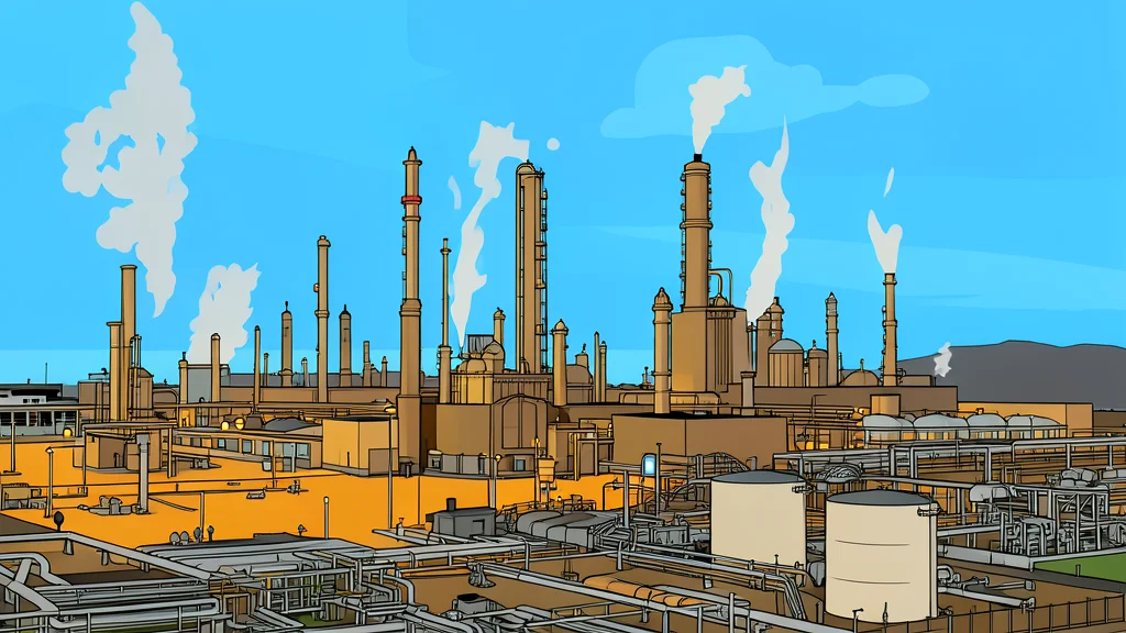 A flat vector illustration of an industrial oil refinery with tall distillation towers and complex piping networks against a clear sky.